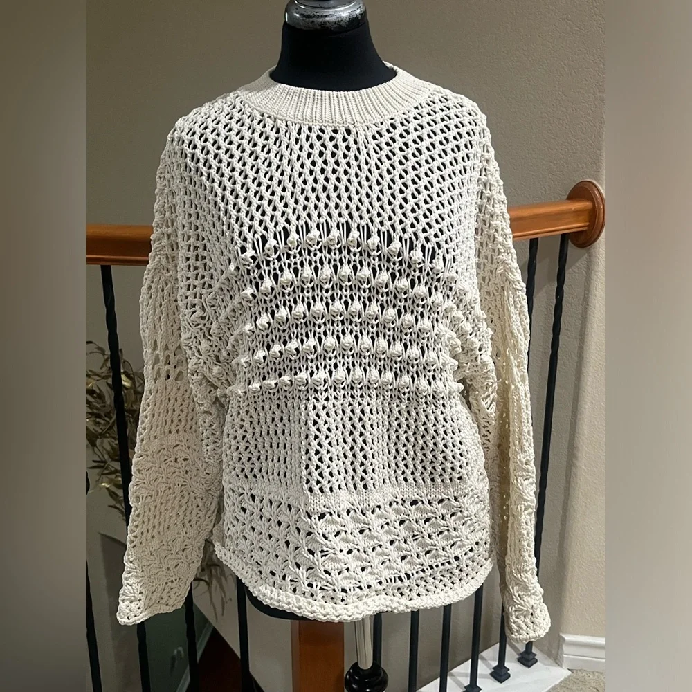 BUCKET LIST Cream Open-Knit Crochet Sweater - Lightweight Layering, WOMEN SIZE S